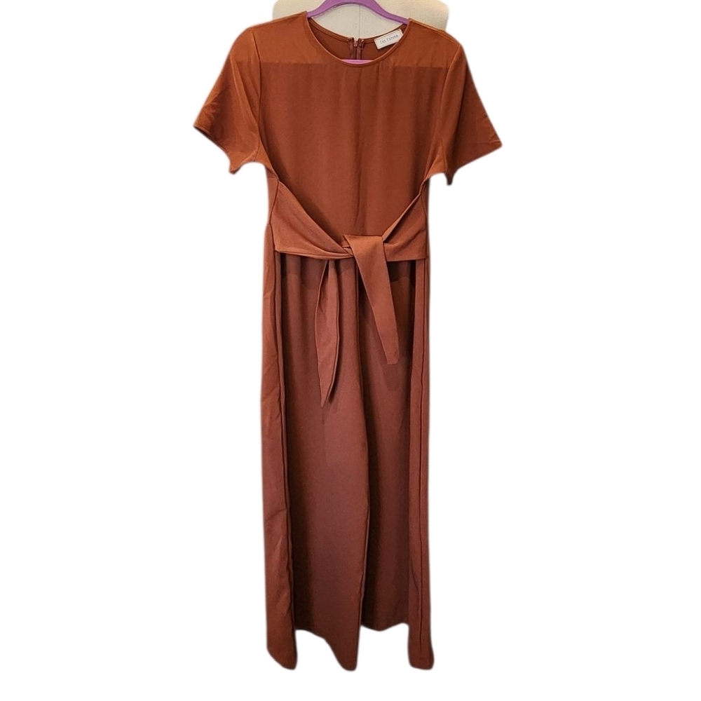 Ces Femme Terracotta Tie-Waist Maxi Flare leg Jumpsuit